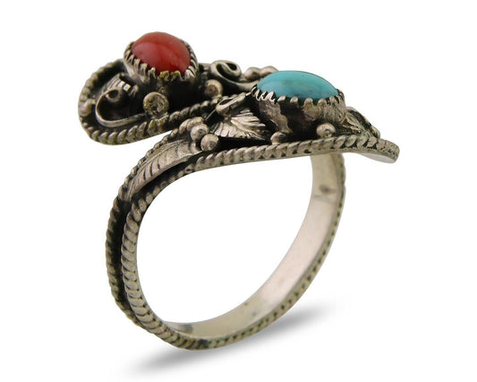 Navajo Ring 925 Silver Turquoise & Coral Artist Signed WB C.80's