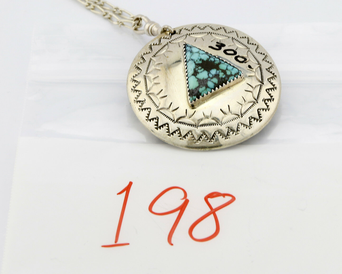 Unique Navajo Indian Puebla Scene Reversable Turquoise .925 Silver Pendant