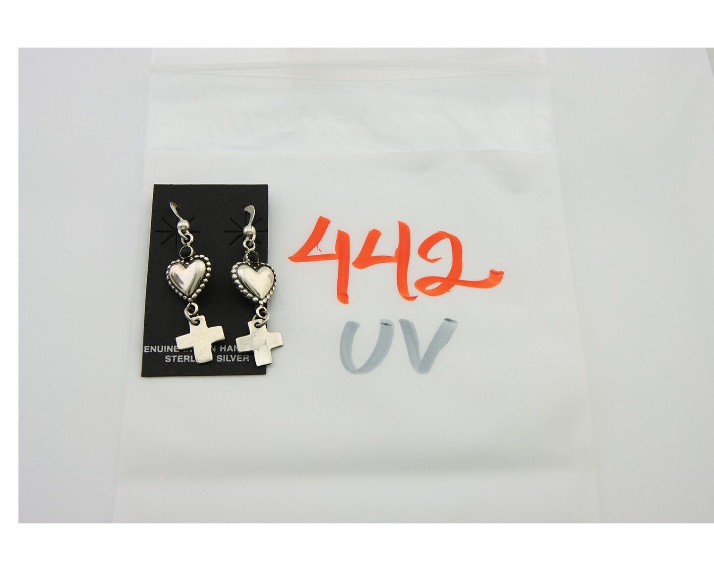 Navajo Earrings 925 Silver Heart Cross Natural Onyx Native American Artist C.80s