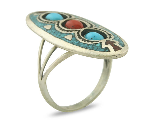 Vintage Navajo Ring 925 Sterling Turquoise & Coral Signed Circle JW Size 10