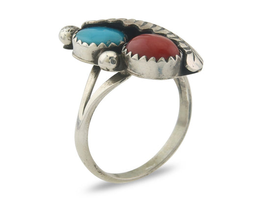 Navajo Ring 925 Sterling Natural Coral & Turquoise Signed BB C.80's Size 6.5