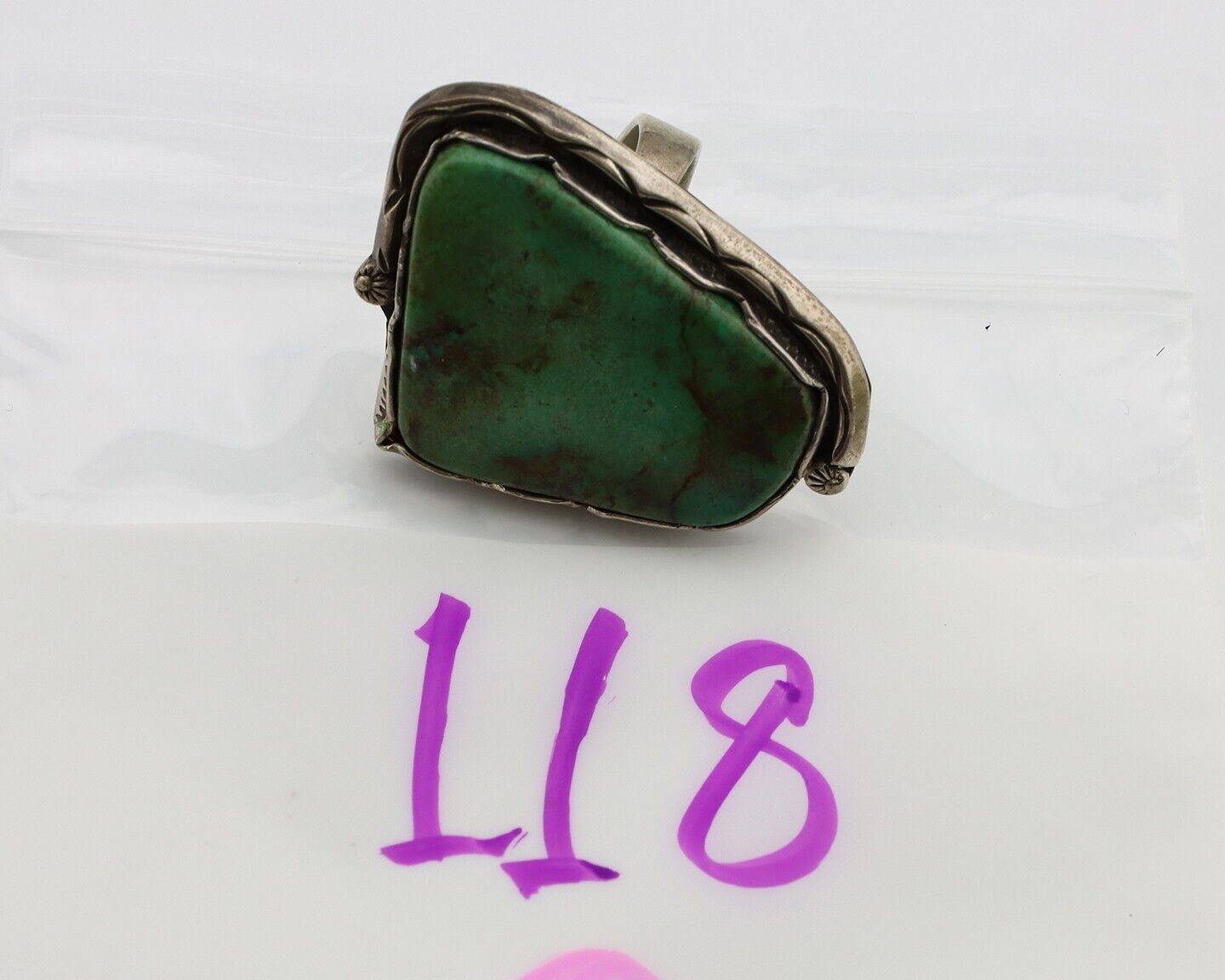 Large Navajo Ring 925 Silver Natural Green Turquoise Artist Signed B C.80's