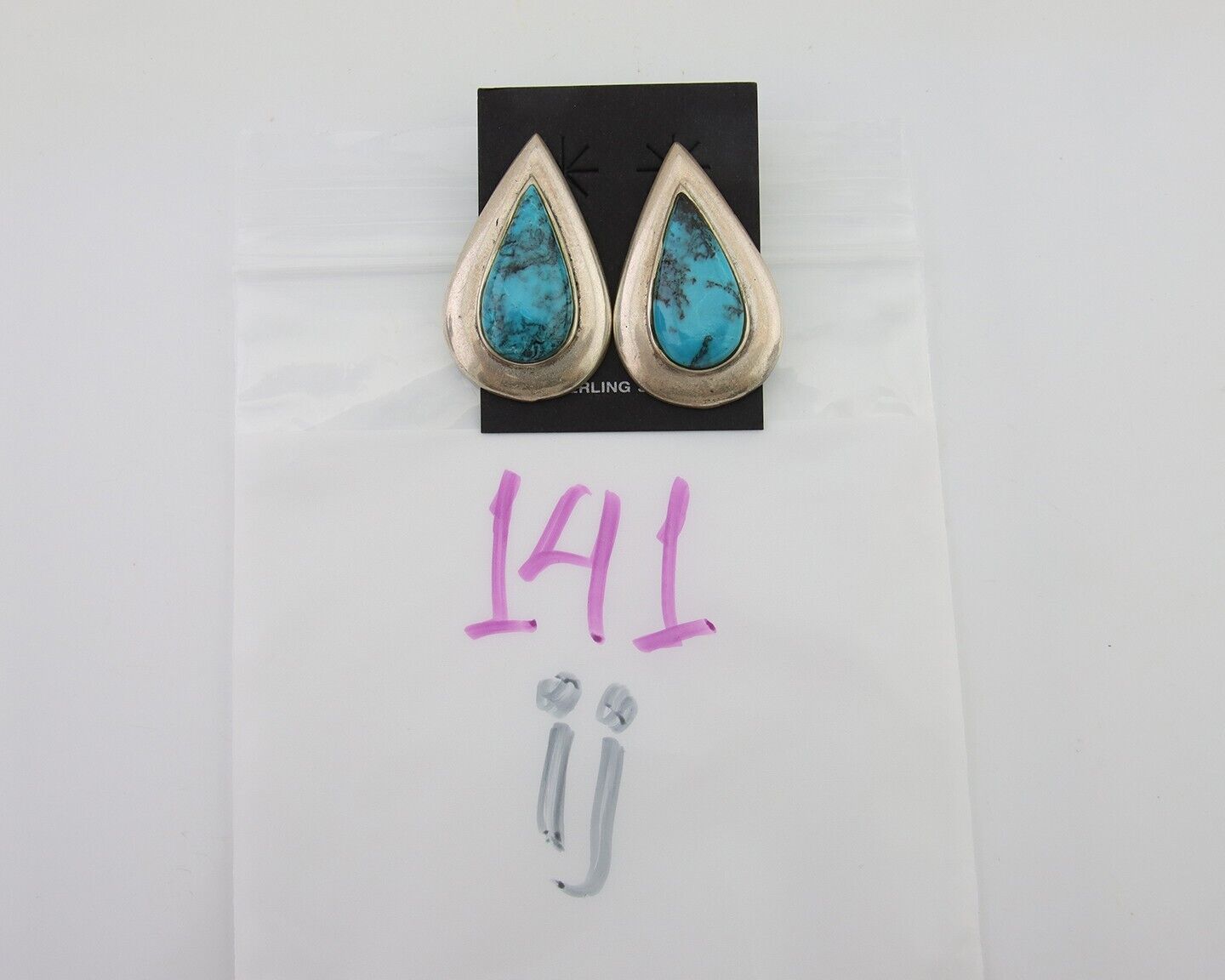 Navajo Dangle Earrings 925 Silver Natural Turquoise Signed Thomas Charay C.1988