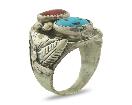 Vintage Navajo Ring 925 Sterling Turquoise & Coral Native Artist Size 9.0