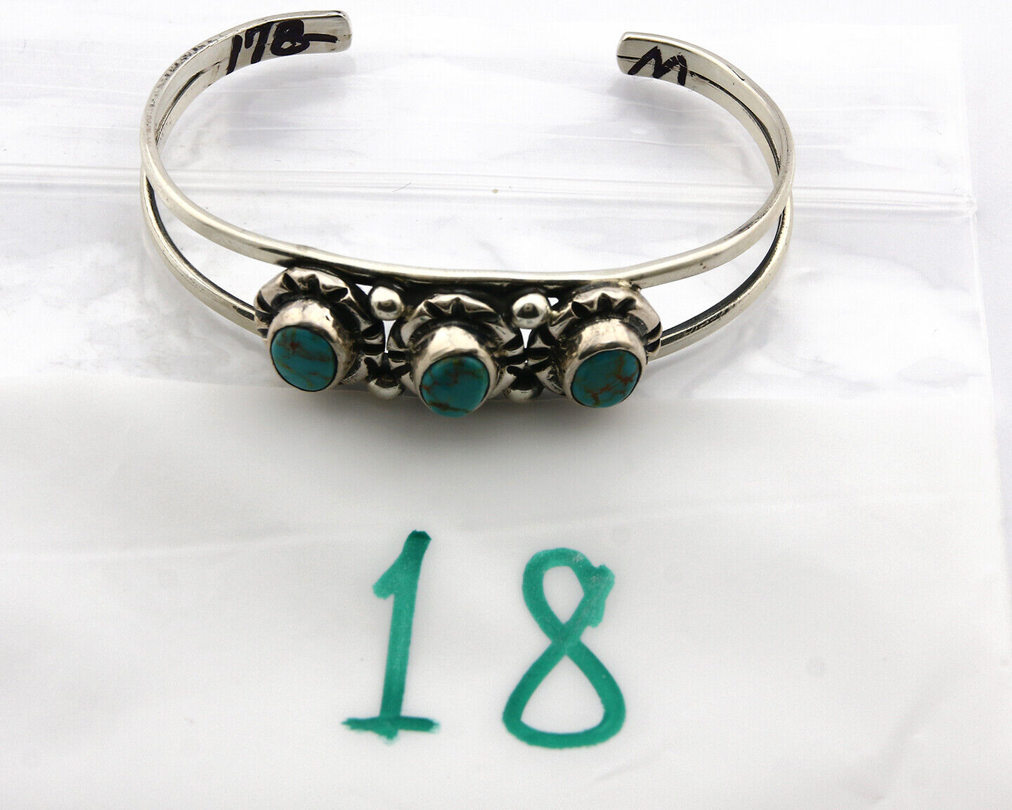 Navajo Bracelet .925 Silver Turquoise Mountain Signed Calvin Peterson C.80's