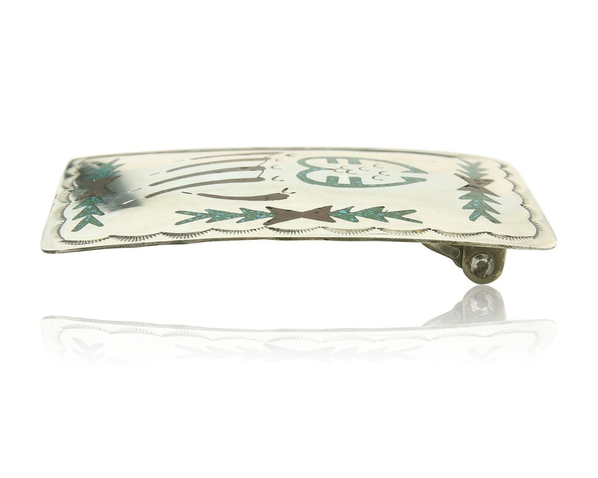 Vintage Navajo Belt Buckle 925 Silver Handmade Inlaid Gemstone Signed HB