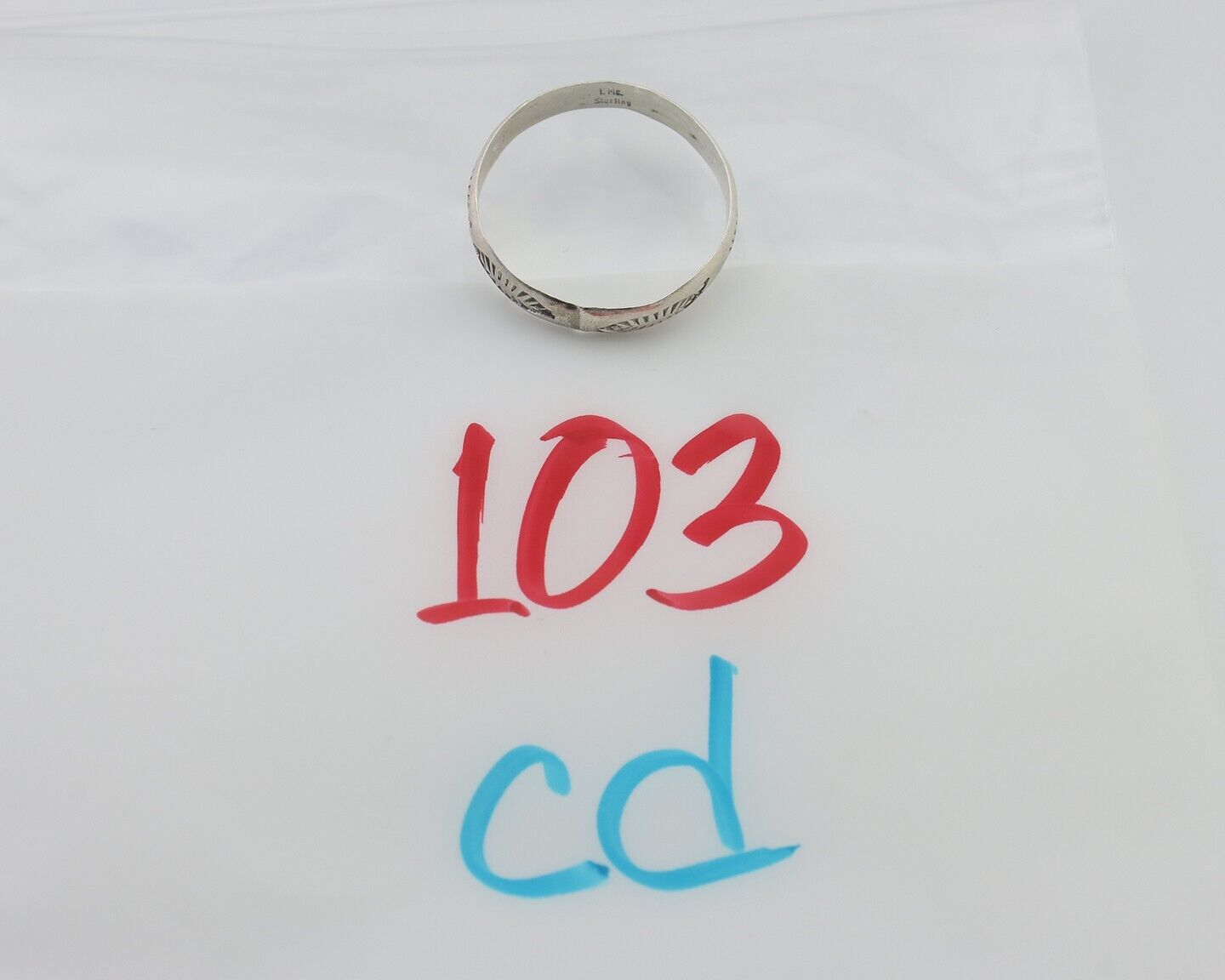 Navajo Hand Stamped Band 925 Silver 5.0 mm Signed Larry Chavez Size 12 C.80's