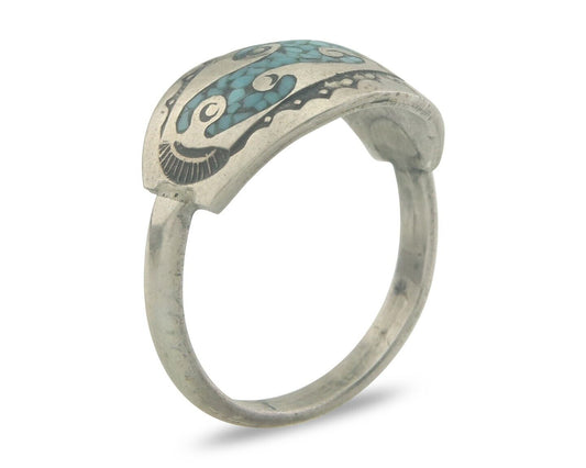Navajo Ring 925 Silver Inlaid Turquoise Native American Artist C.80's Size 6.75
