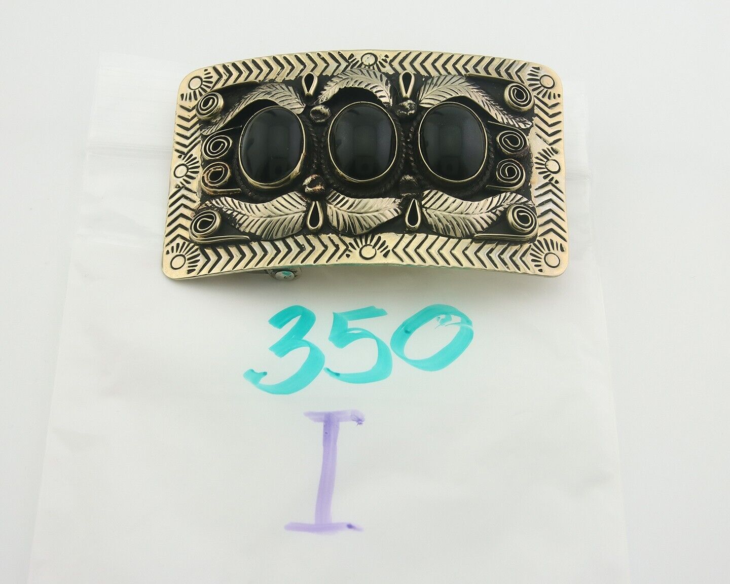 Navajo Concho Belt Buckle .999 Nickel Onyx Native American Artist 2x3 in C.80's