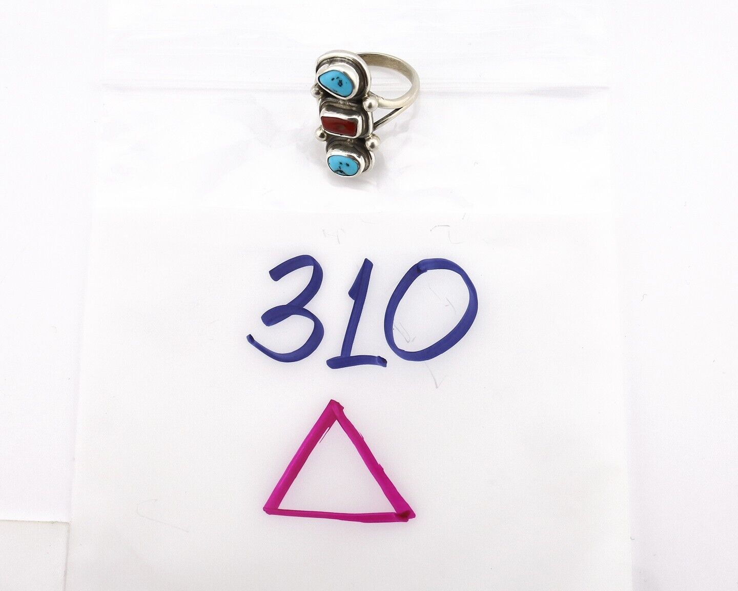 Navajo Ring 925 Silver Sleeping B Turquoise & Coral Native American Artist C.80s