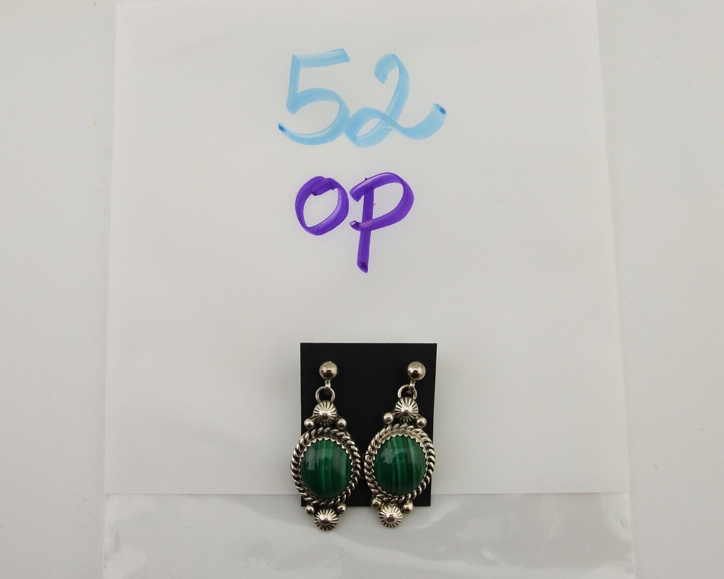 Navajo Dangle Earrings 925 Silver Malachite Native American Artist C.80's