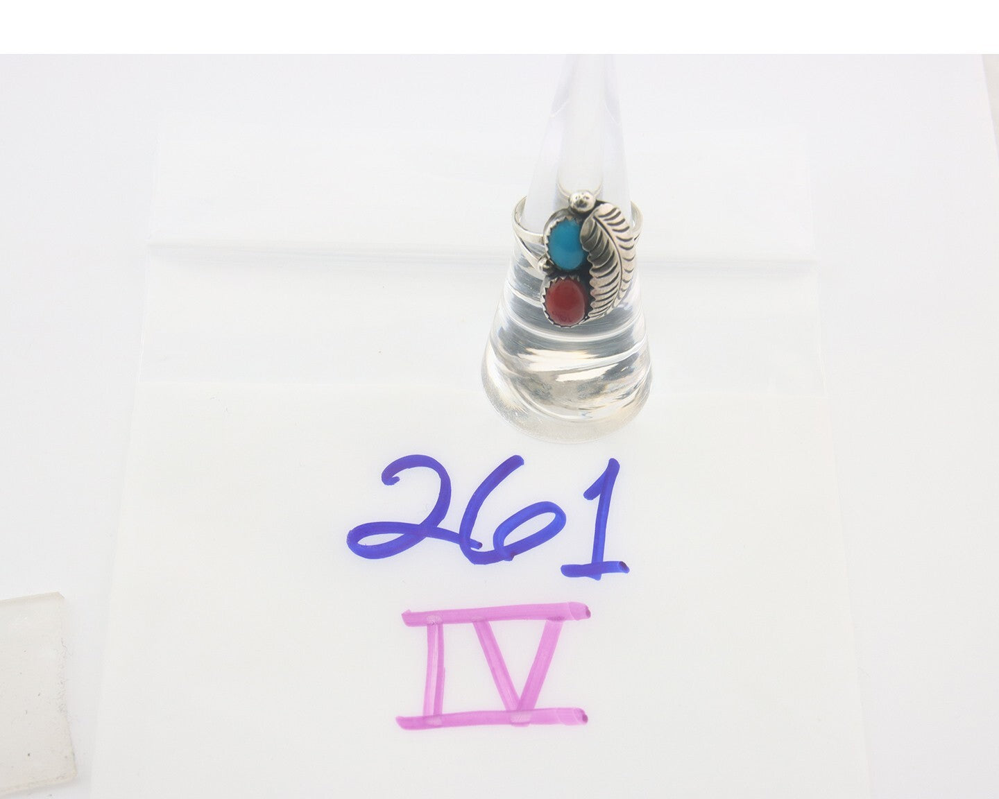 Navajo Ring 925 Sterling Natural Coral & Turquoise Signed BB C.80's Size 6.0