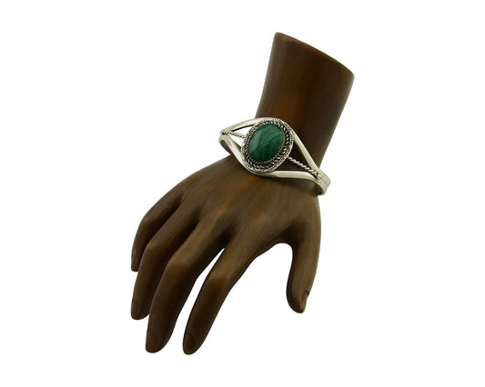 Navajo Cuff Bracelet Natural Malachite 925 Silver Native American Artist C.80s
