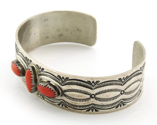 Navajo Bracelet Sterling Silver Vintage Coral Hand Stamped Signed A Blackgoat