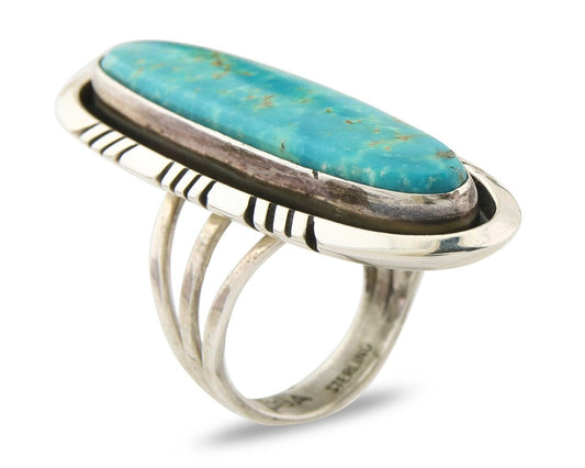 Navajo Ring 925 Sterling Natural Mined Turquoise Signed USA C.80's Size 7.5