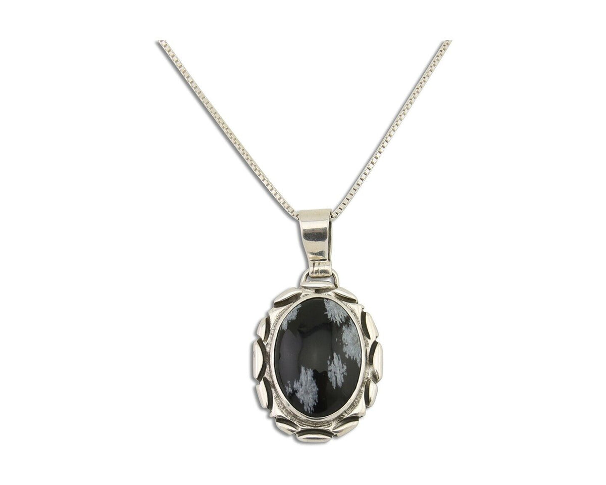 Navajo Necklace 925 Silver Onyx Natural Snowflake Agate Signed Native American