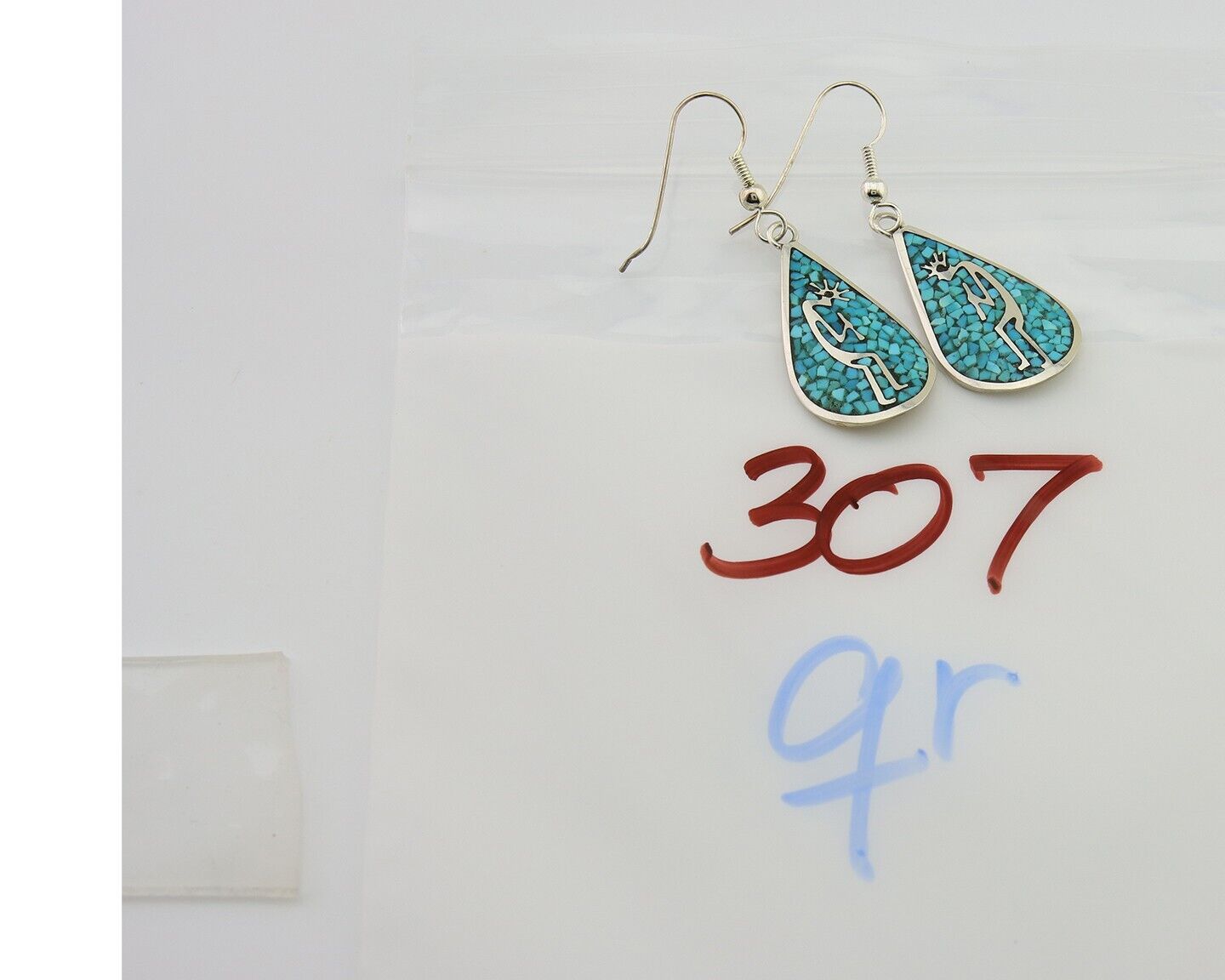 Navajo Kokopelli Earrings 999 Nickel Chip Inlay Turquoise Coral Native American