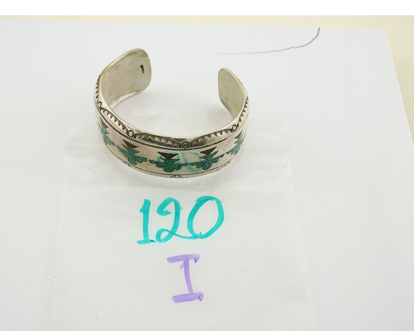 Navajo Bracelet 925 Silver Inlaid Coral & Turquoise Cuff Artist Signed LB C.80's