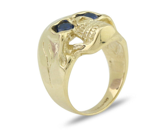 Men 14k SOLID Gold Skull Ring Silica Blue Sapphire Eyes Size 11