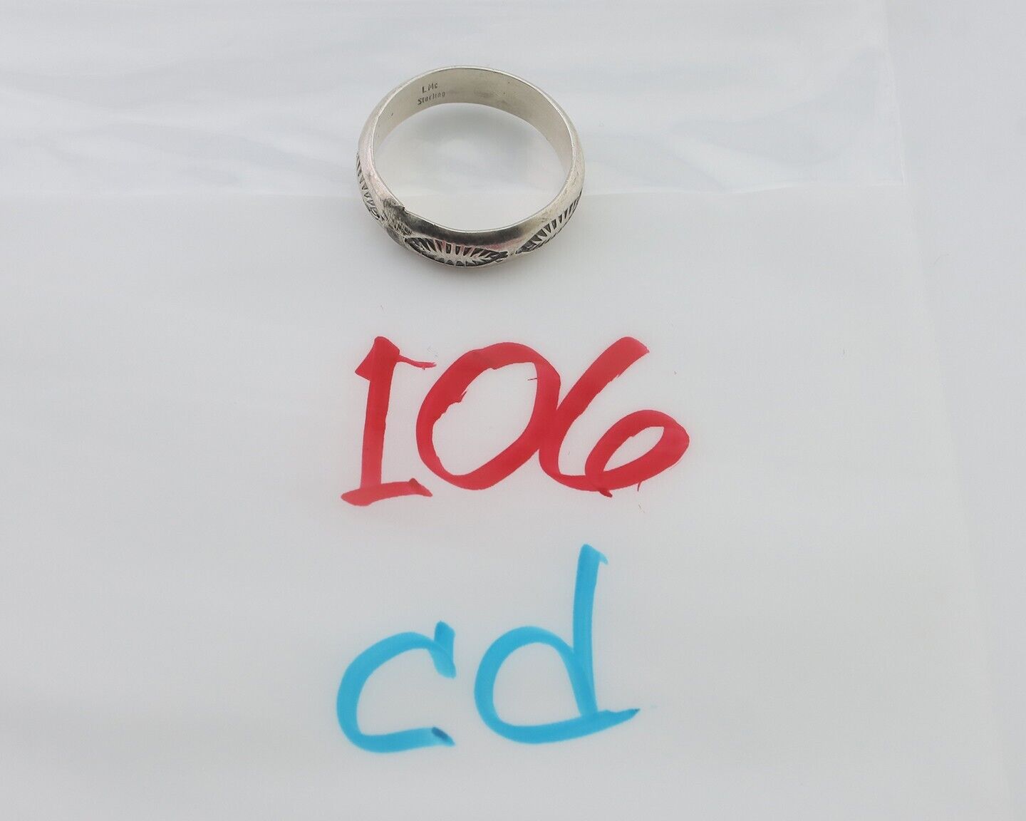 Navajo Hand Stamped Band 925 Silver 6.0 mm Signed Larry Chavez Size 10.25 C.80's