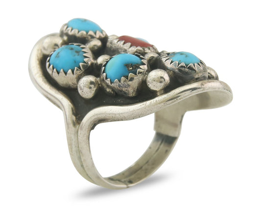 Navajo Ring 925 Sterling Natural Coral & Turquoise Signed EH C.80's Size 5.75