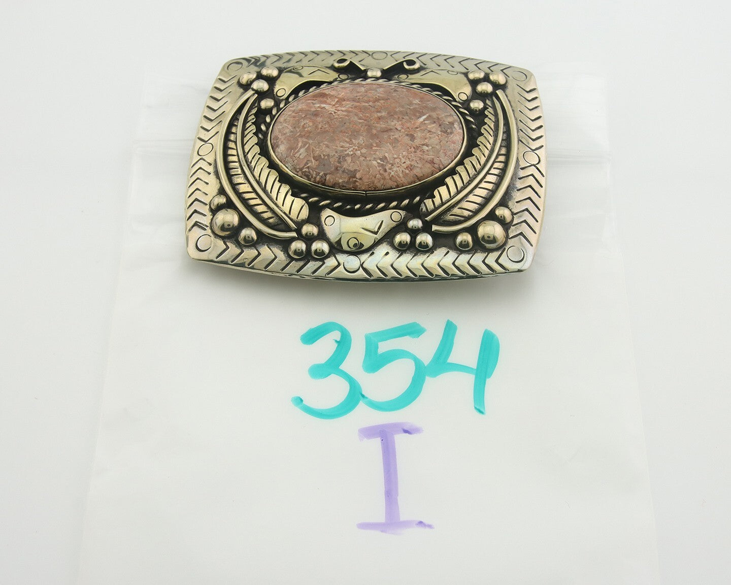 Navajo Belt Buckle .999 Nickel Agate Native Artist Handmade 2.5 x 3.0 in C.80s