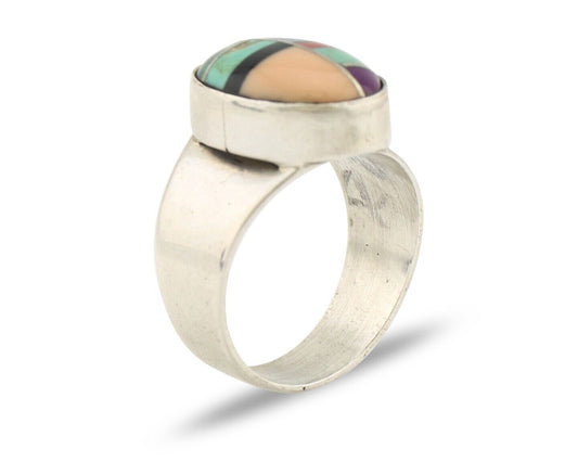 Zuni Inlaid Ring 925 Silver Mixed Natural Gemstones Native American Artist C.80s