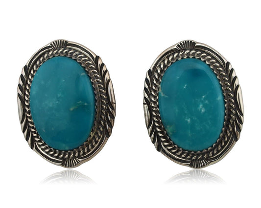 Navajo Hand Stamped Earrings 925 Silver Natural Turquoise Signed M Begay C.80s