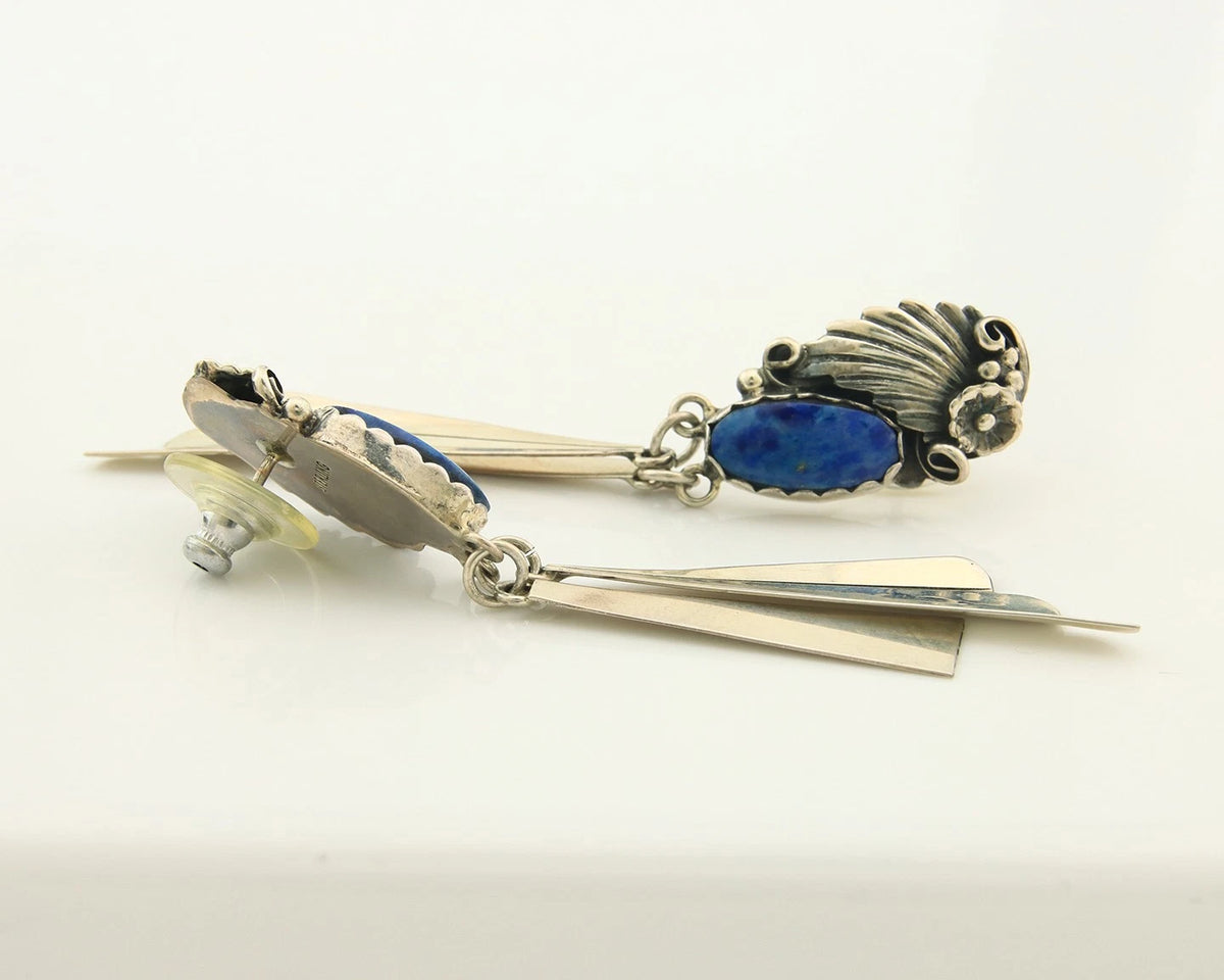 Navajo Dangle Circle Earrings Sterling Silver Lapis Vintage Native Artist