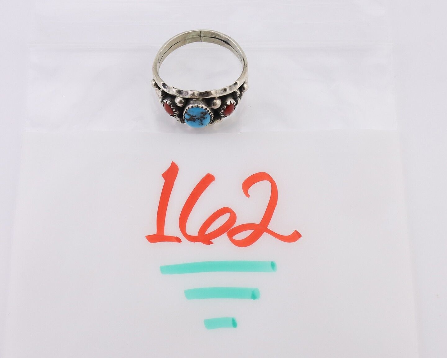 Navajo Ring 925 Silver Coral Turquoise Artist Signed SC C.80's