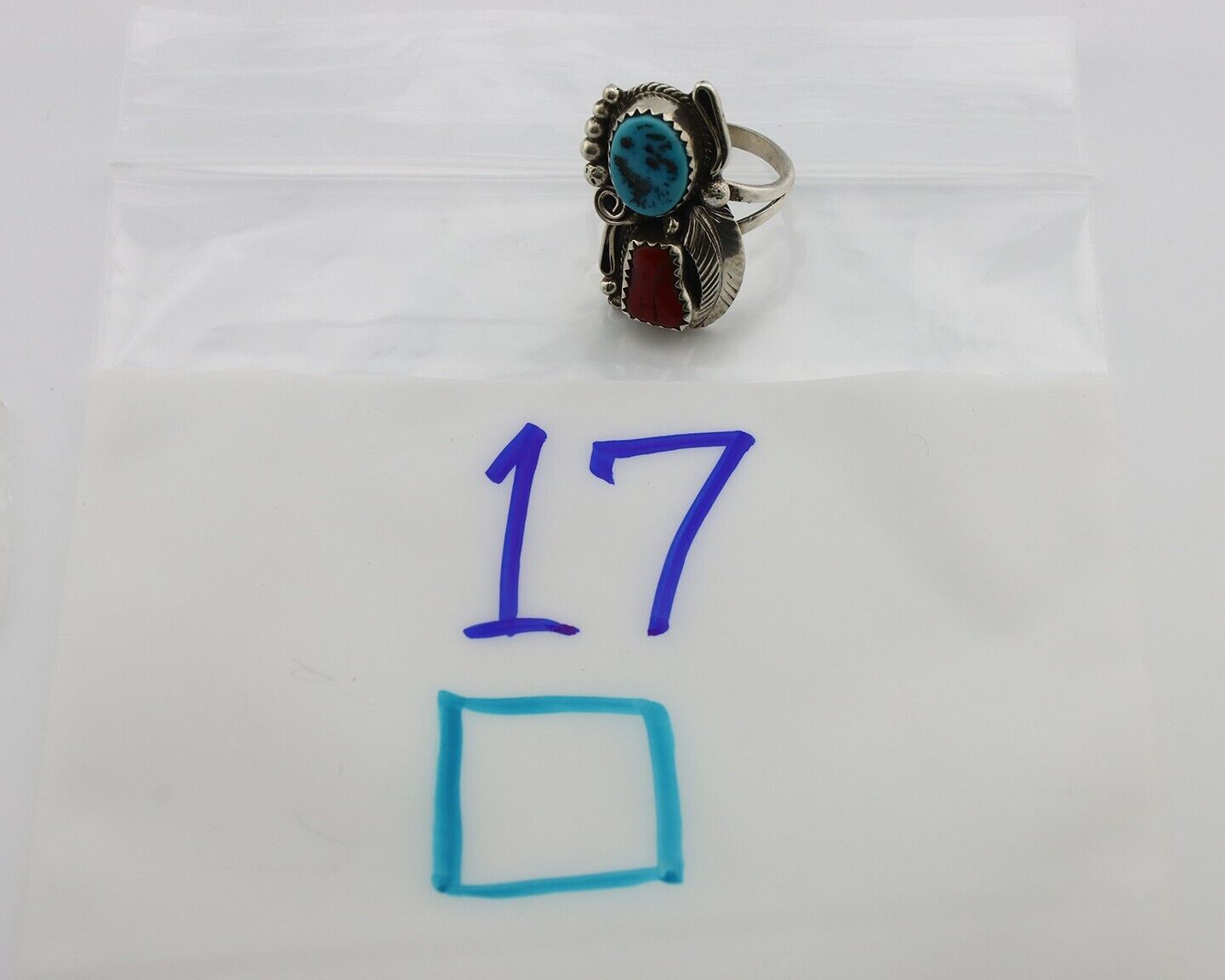 Navajo Ring .925 Silver Turquoise & Coral Artist Signed Justin Morris C.80's