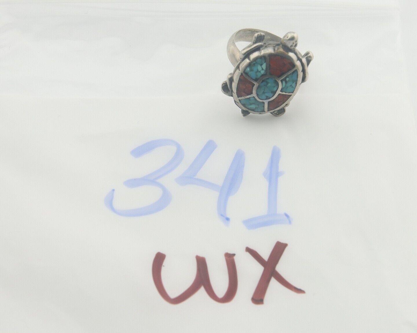 Navajo Ring 925 Silver Inlaid Turtle Turquoise & Coral C.80's Size 8.25