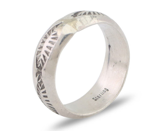 Navajo Hand Stamped Band 925 Silver 6.0 mm Signed Larry Chavez Size 5.25 C.80's