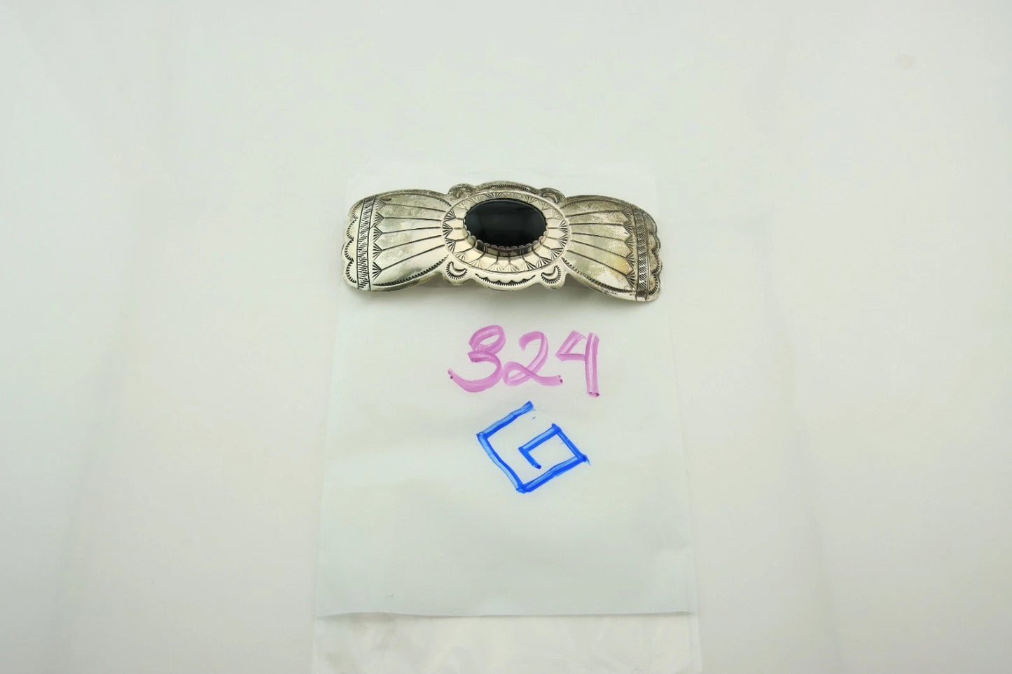 Navajo Barrette Sterling Silver Black Onyx Vintage Hand Stamped 3.9 in.