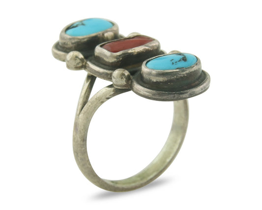 Vintage Navajo Ring 925 Sterling Natural Coral & Turquoise Native Artist Sz 9.0