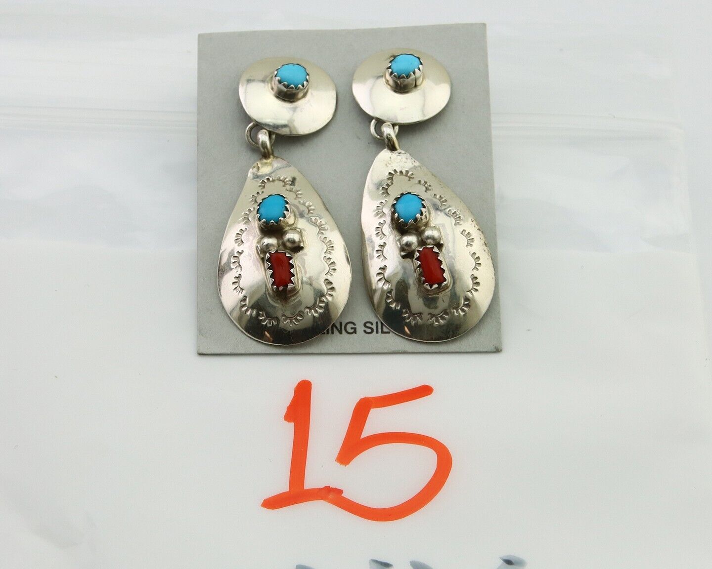 Navajo Earrings 925 Silver Turquoise & Coral Artist Signed Leeann Lee C.80's