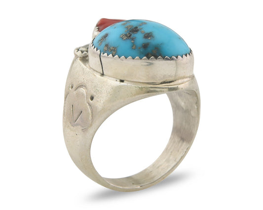 Men Heavy Navajo Ring 925 Sterling Natural Coral & Turquoise C.80's Size 12.25