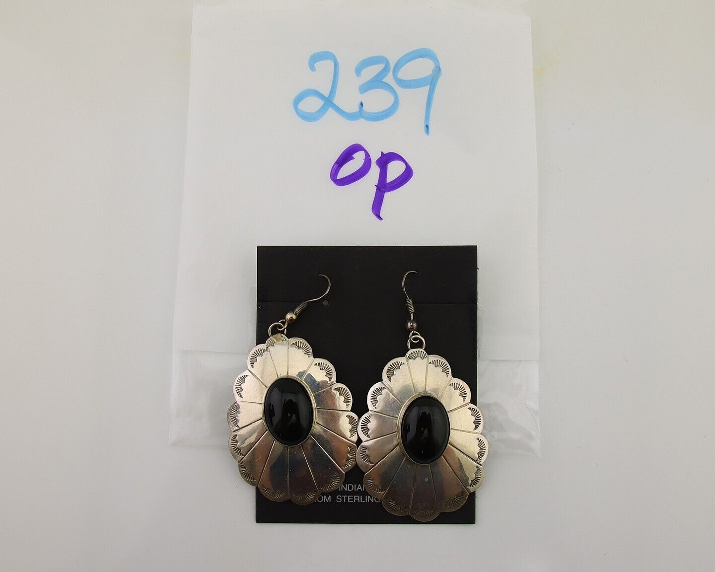 Navajo Handmade Earrings 925 Silver Onyx Artist Signed Robert Vandover C.80's