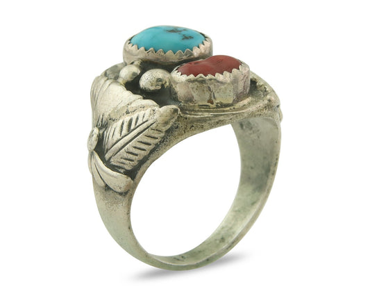Men Vintage Navajo Ring 925 Sterling Turquoise & Coral Native Artist Size 12.5