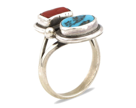 Navajo Ring 925 Silver SB Turquoise & Red Coral Native American Artist C.80s