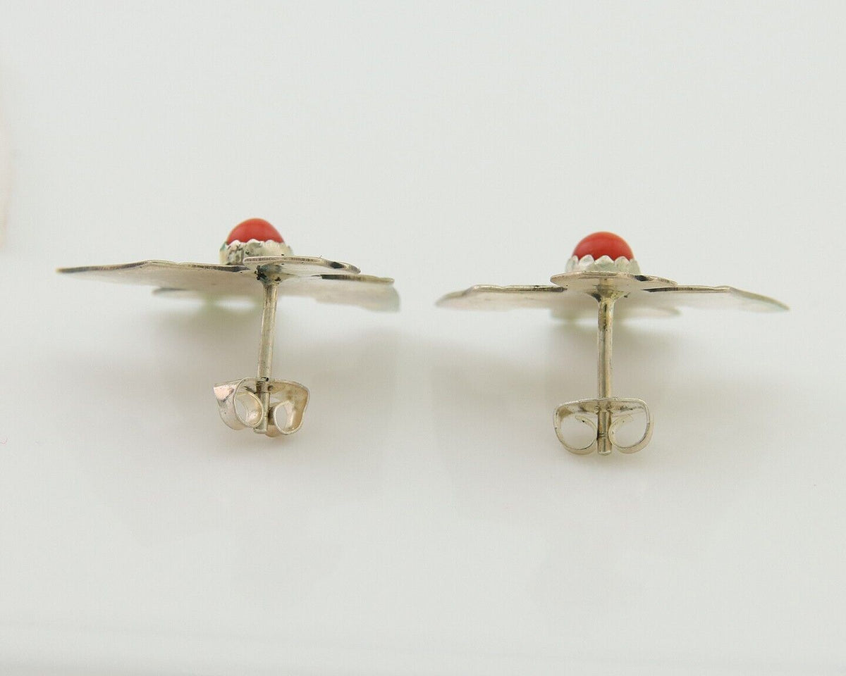 Navajo Thunderbird Earrings 925 Silver Natural Red Coral Native Artist C.80's