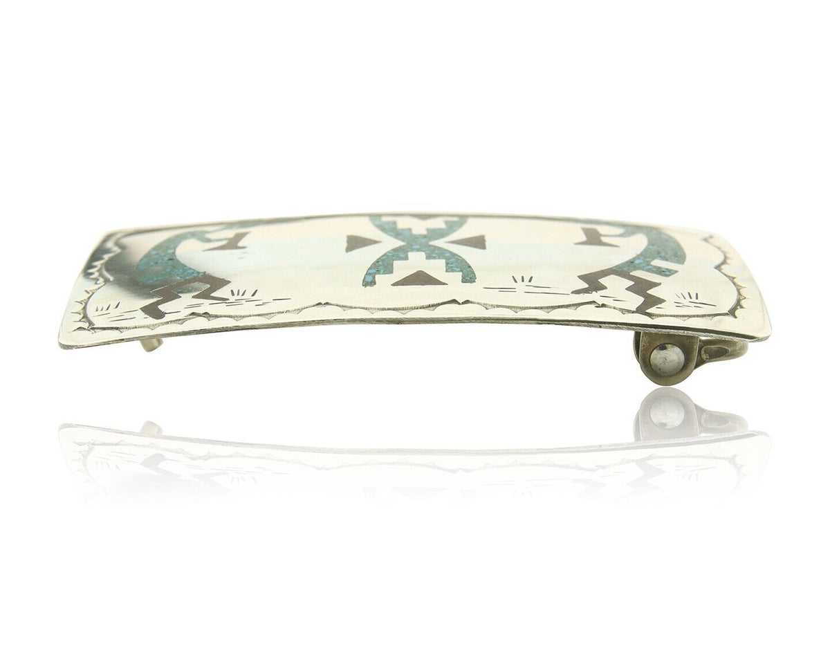 Vintage Navajo Belt Buckle 925 Silver Handmade Inlaid Gemstone Signed HB