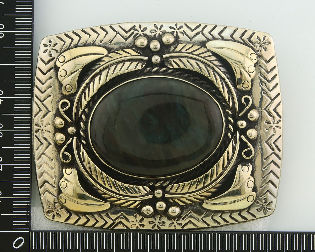 Navajo Belt Buckle .999 Nickel Agate Native Artist Handmade 2.5 x 3.0 in C.80s