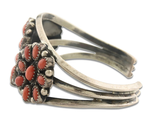 Vintage Navajo Bracelet 925 Silver Red Coral handmade Signed K Montoya