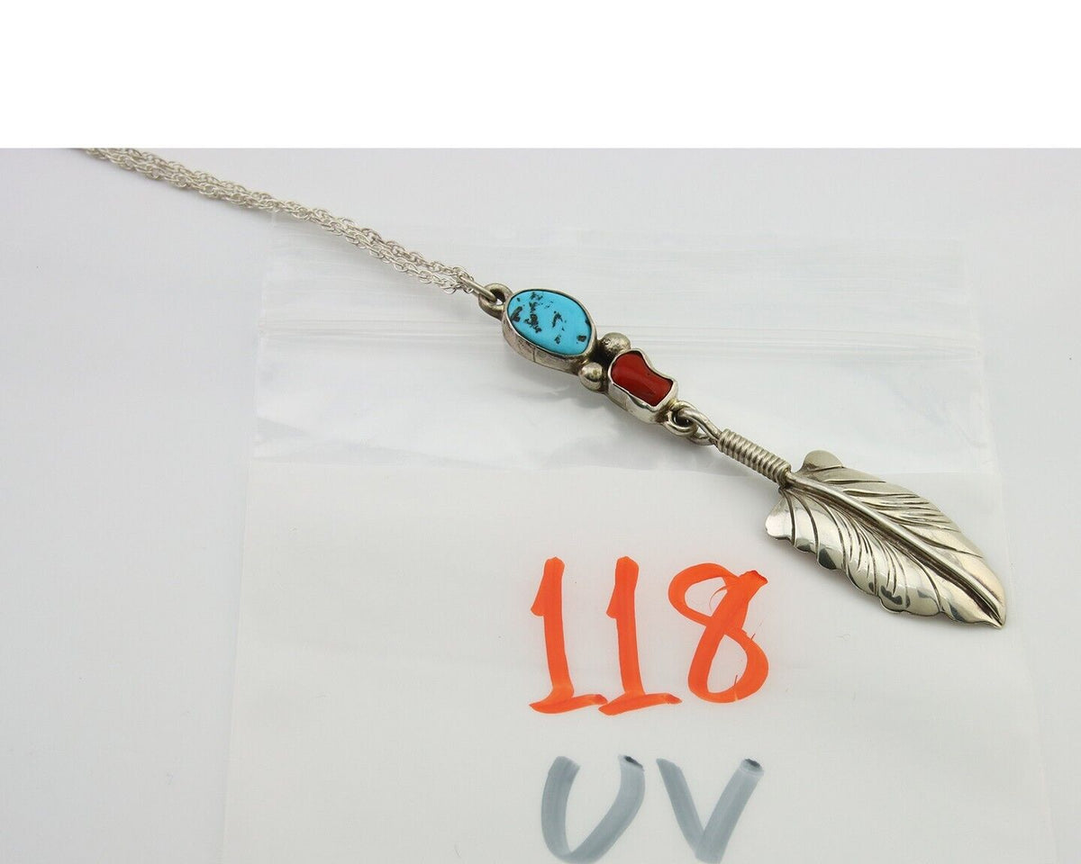 Navajo Feather Necklace 925 Silver Coral & Turquoise Signed M Montoya C.80's