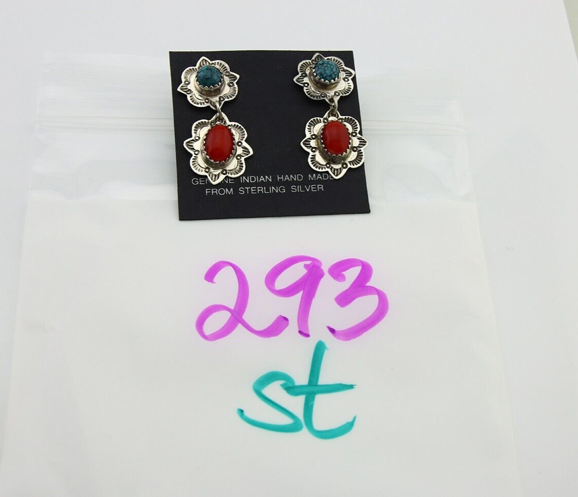 Navajo Earrings 925 Silver Turquoise & Coral Artist Signed Mary Ellen C.80's