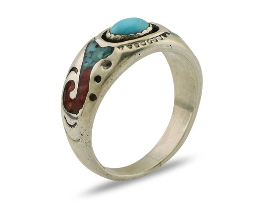 Navajo Ring 925 Silver Turquoise & Coral Natural American Artist C.80's