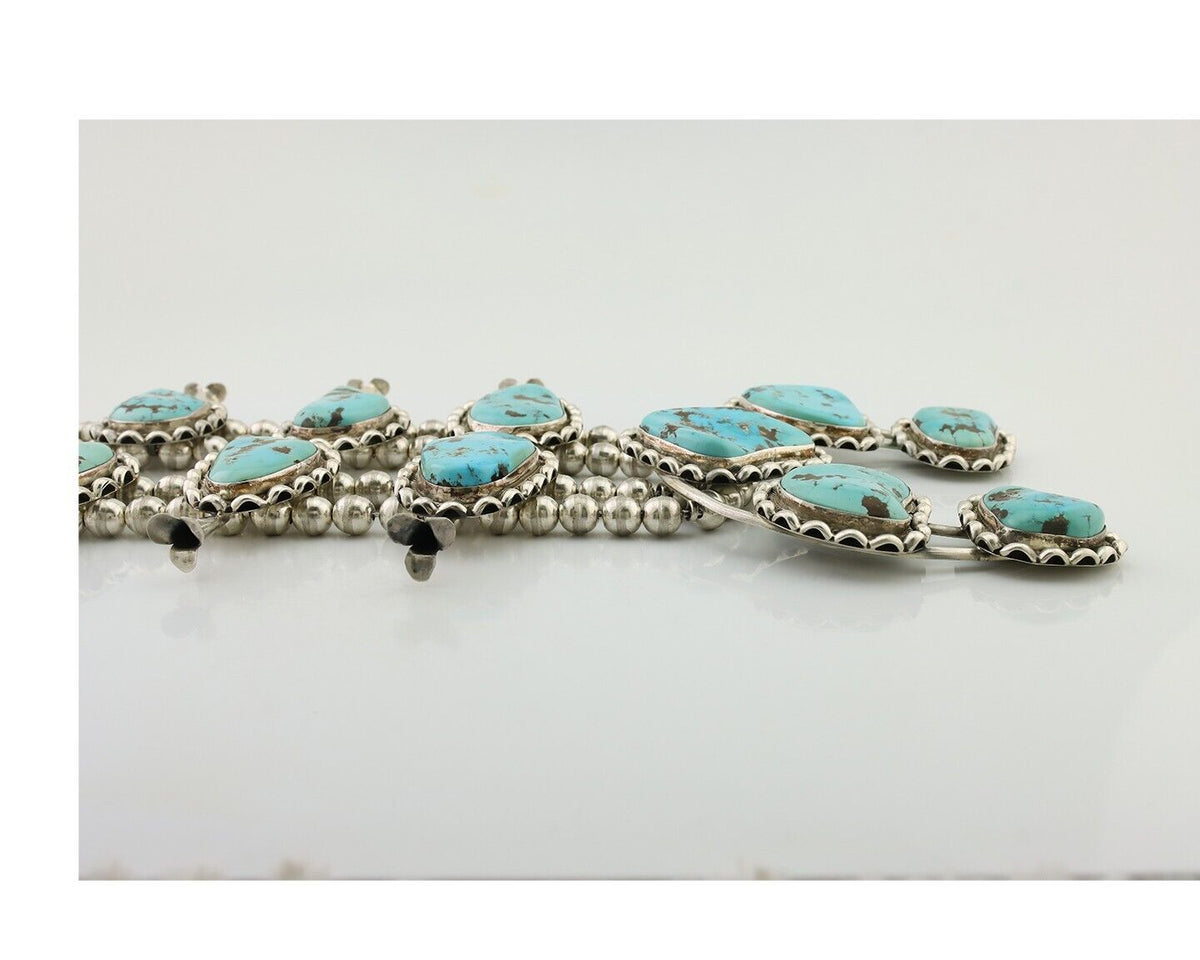HUGE Navajo Squash Necklace 925 Silver Bisbee Turquoise Signed BY-OG C.80's