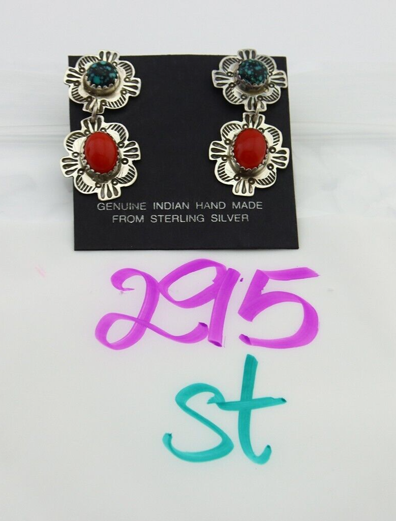 Navajo Earrings 925 Silver Turquoise & Coral Artist Signed Mary Ellen C.80's