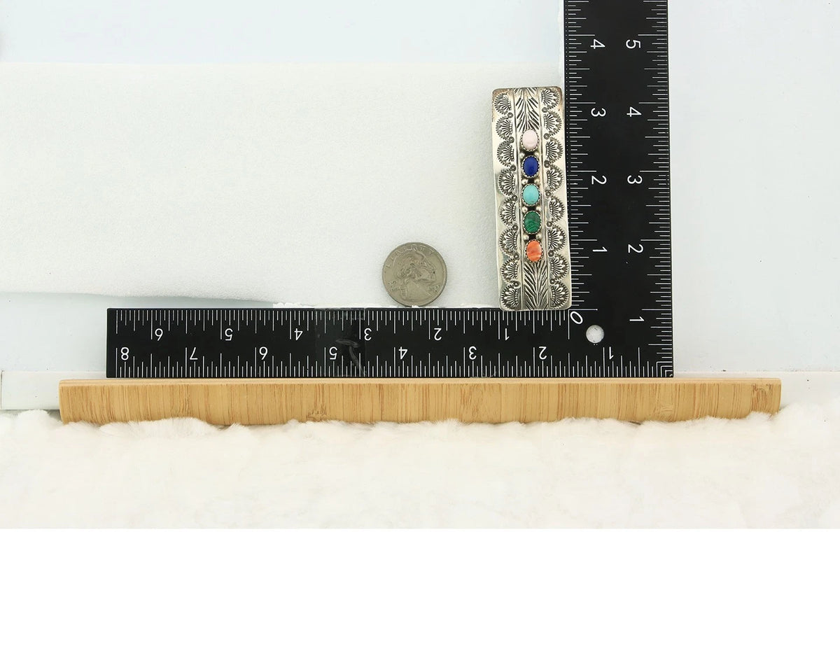 Navajo Barrette Sterling Silver Gemstones Hand Stamped Vintage Native Artist